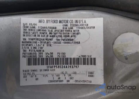 2004 Ford Taurus Se из США, поврежденный, VIN 1FAFP58S24A193797